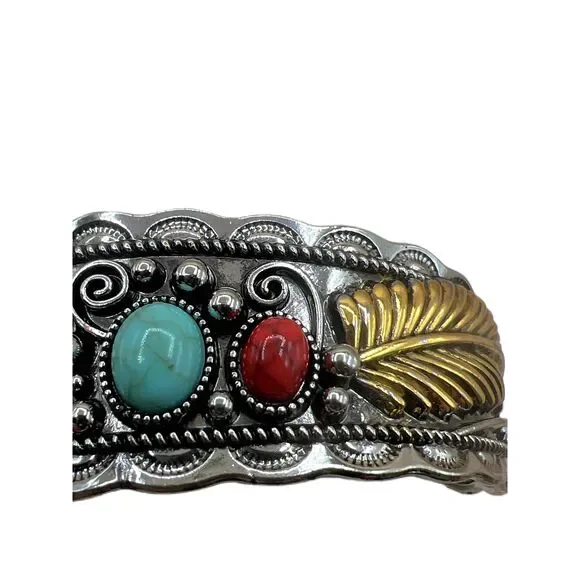NEW Silver Gold Accents Faux Turquoise Stone Red Stone Boho Bracelet - Picture 10 of 11
